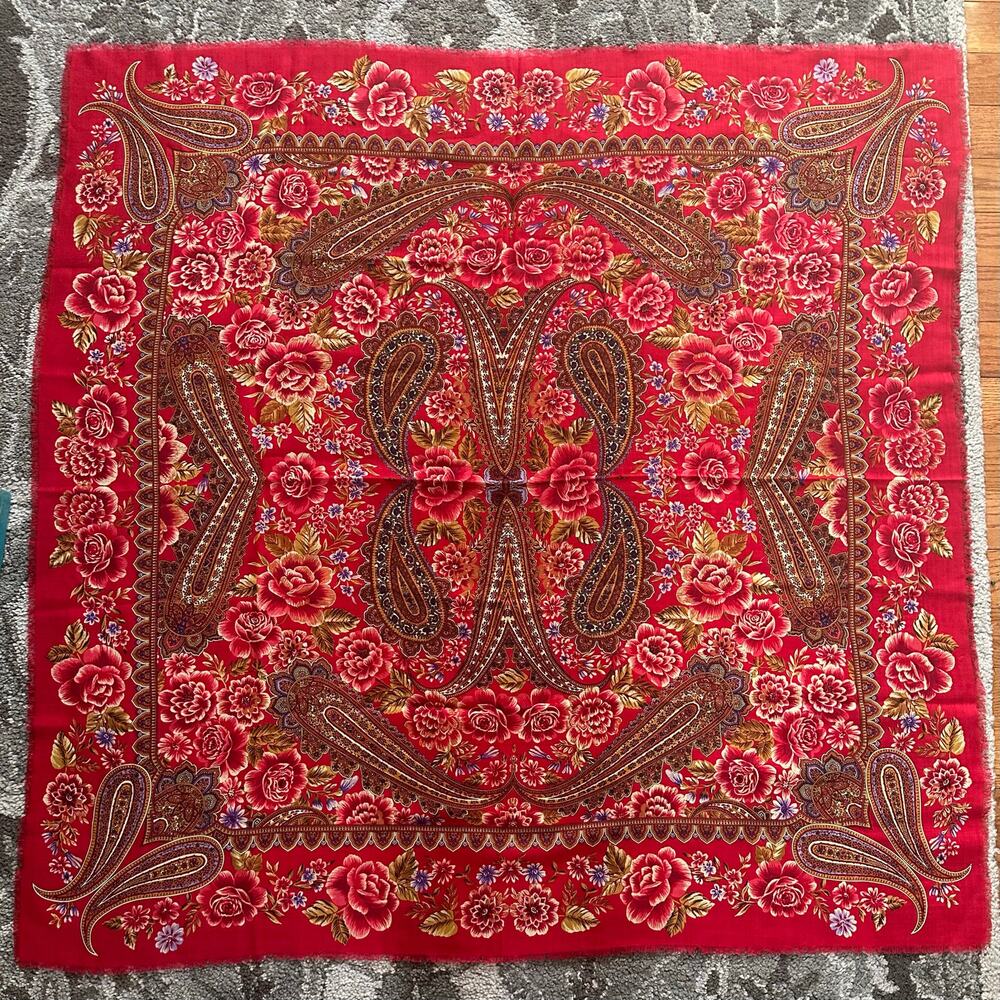 Vintage Linda Allard Ellen Tracy Scarf Shawl Wrap 50"red paisley Russian style
